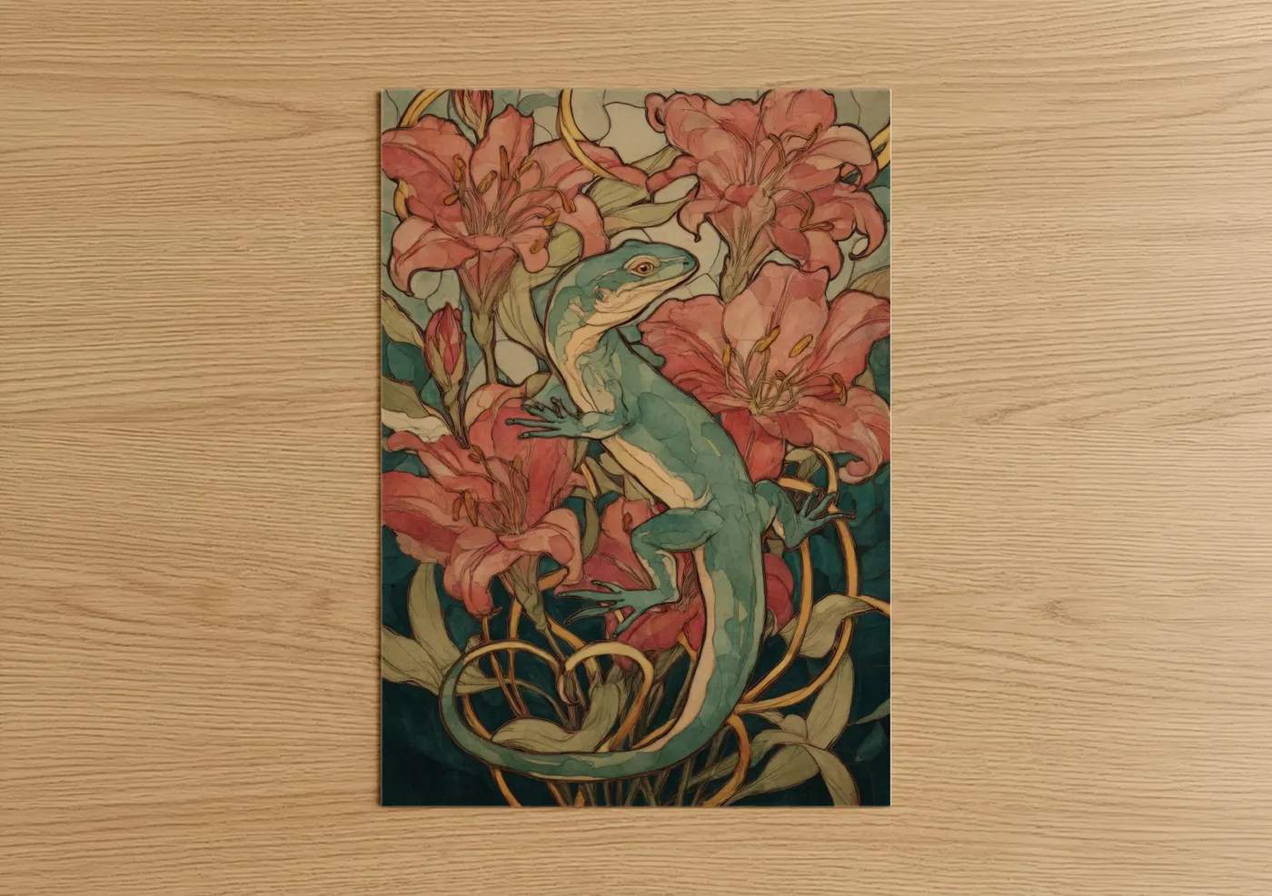 Emerald Lizard Among Red Flowers Wall Art