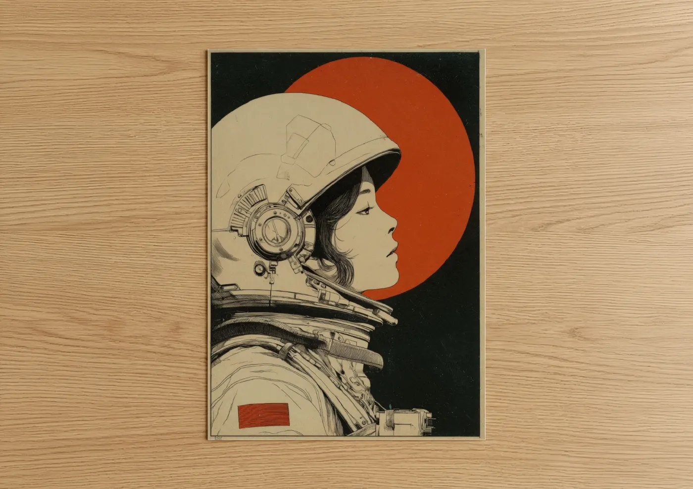 Japanese retrofuturism art print on warm oak wood — black and white and red palette — Cosmic Astronaut poster