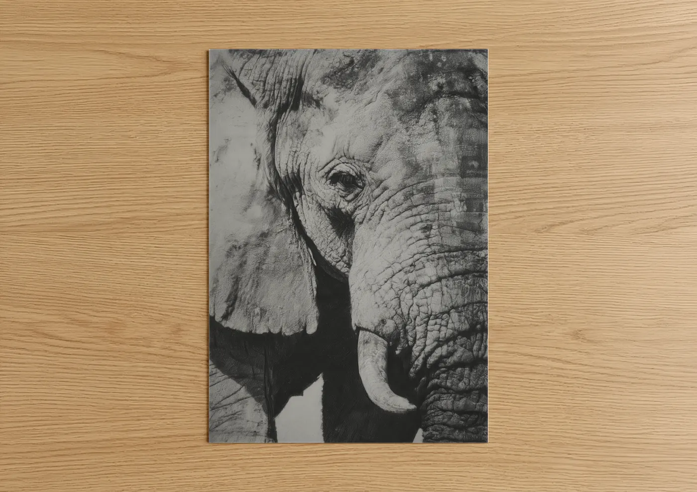 Savanna elephant art print on warm oak wood — black and white palette — Tusked Elephant Portrait poster