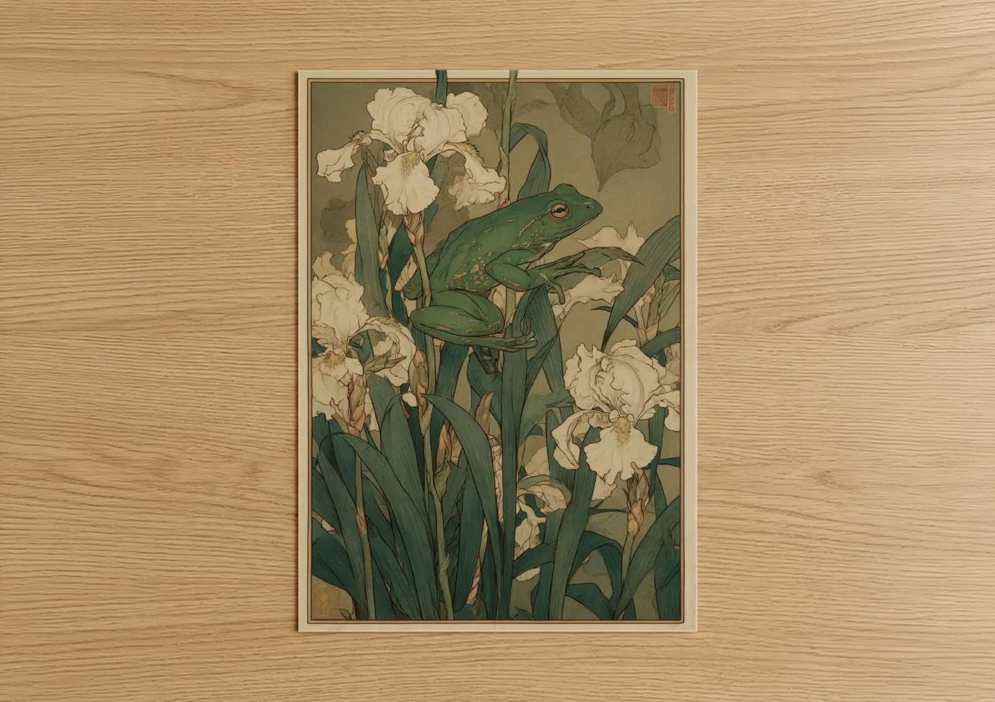Frogs and toads art print on warm oak wood — cream and true green palette — Iris Frog poster