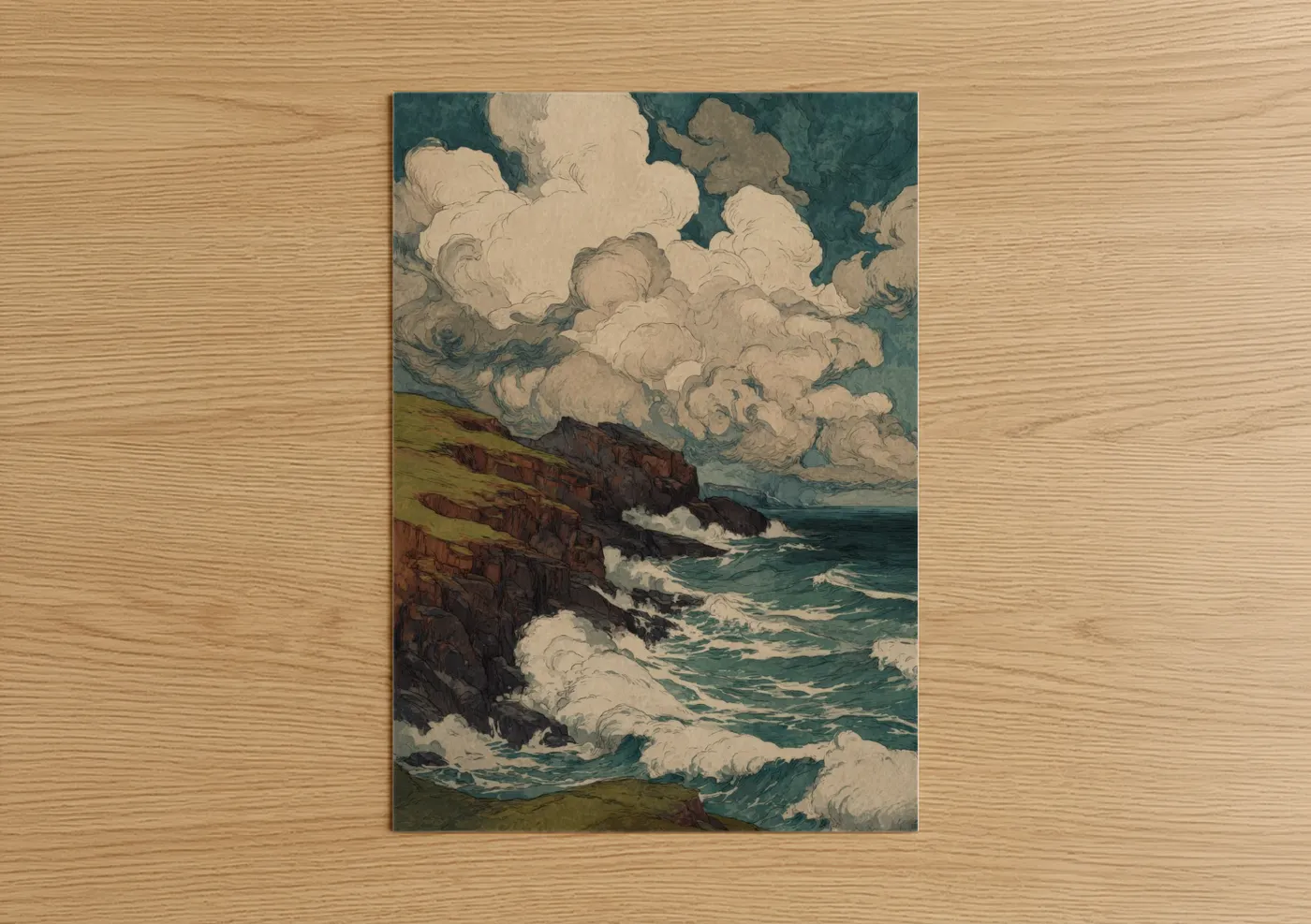 Art print on warm oak wood — teal and cream palette — Stormy Coastline poster