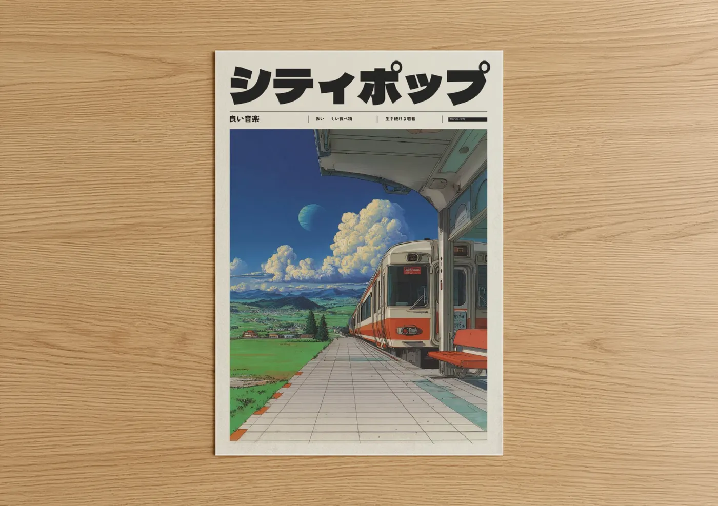 Anime and manga art print on warm oak wood — blue and green palette — Retro Train Station poster