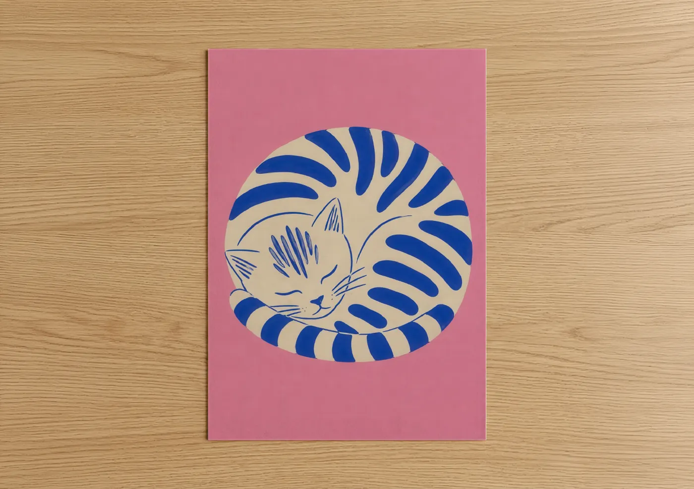 Art print on warm oak wood — blue and pink palette — Sleeping Blue Striped Cat Wall Art poster