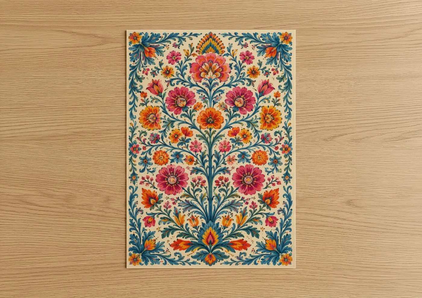 Abstract flower art print on warm oak wood — orange and blue palette — Ornamental Floral Symmetry Wall Art poster
