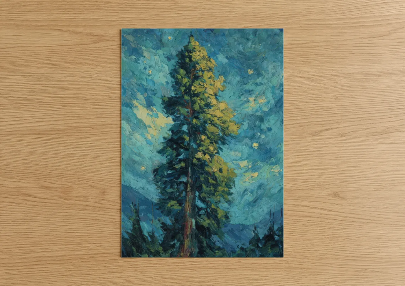 Cypress tree art print on warm oak wood — blue and gold palette — Golden Cypress Sky poster