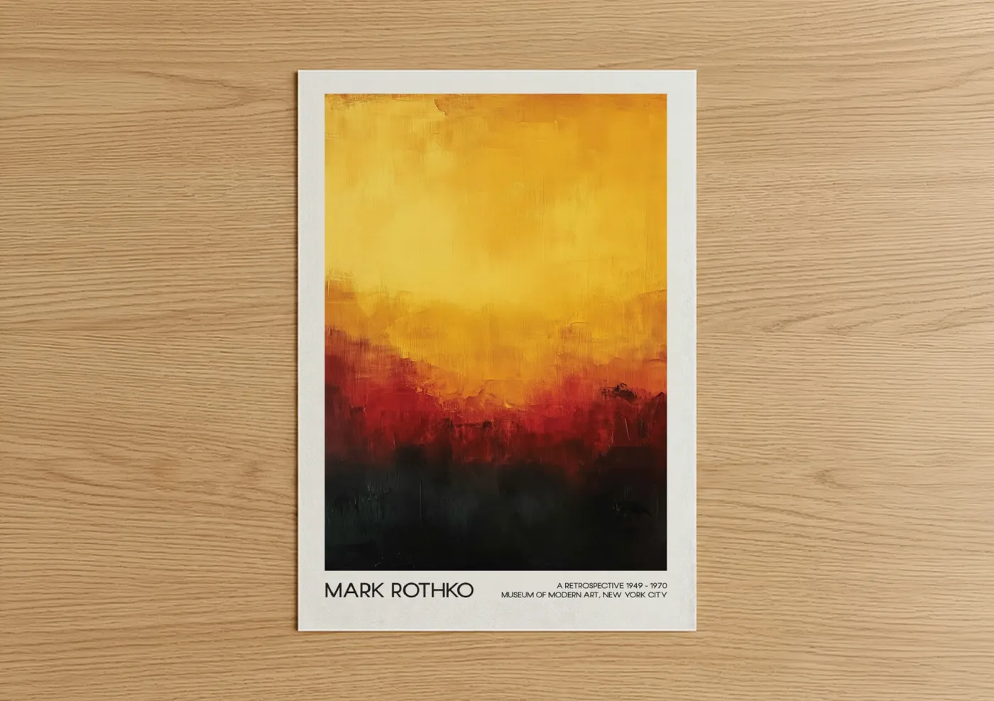 Abstract classic art print on warm oak wood — yellow gold and red palette — Crimson Sunset Abstract poster