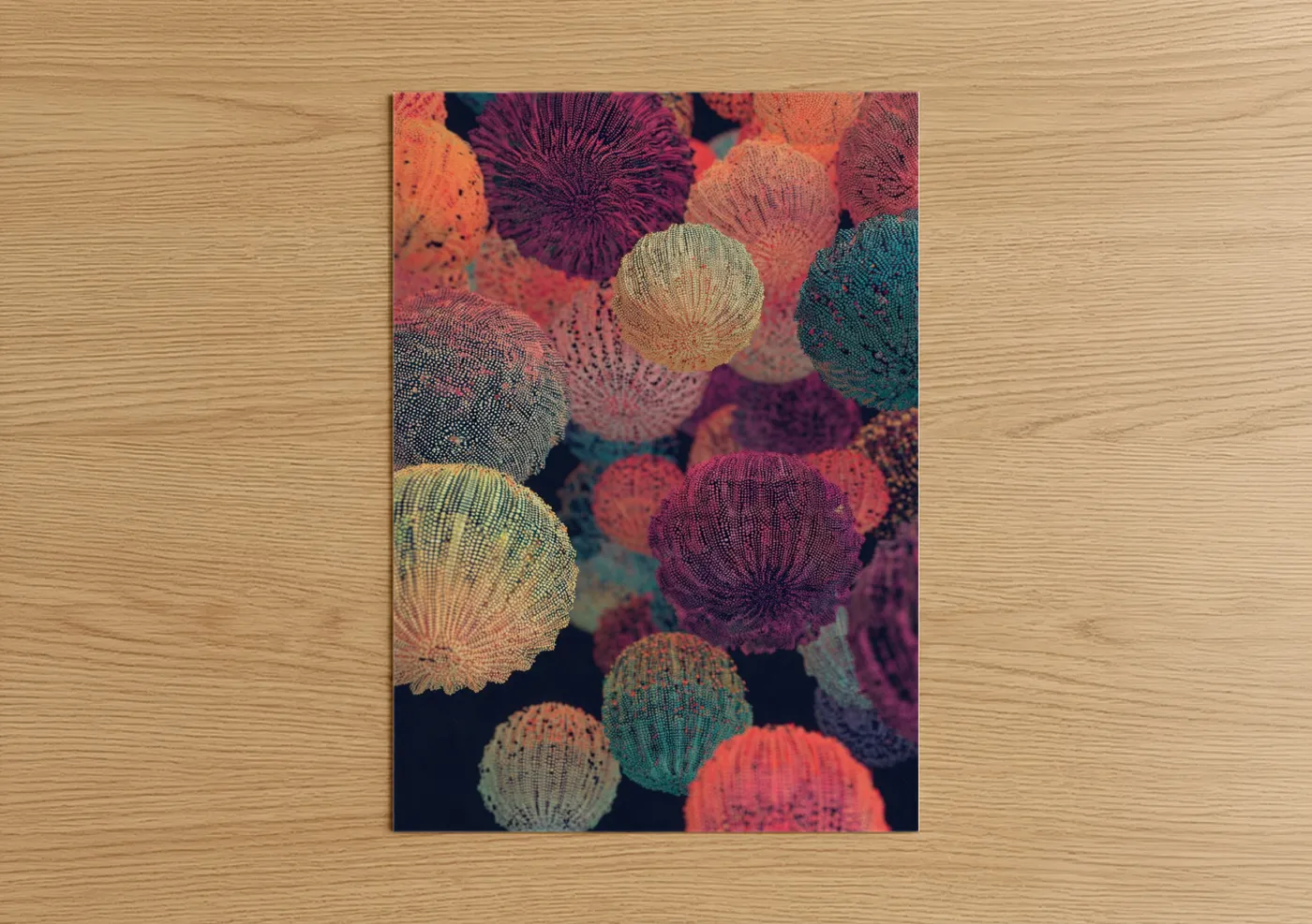 Art print on warm oak wood — magenta and teal palette — Colorful Sea Urchins poster