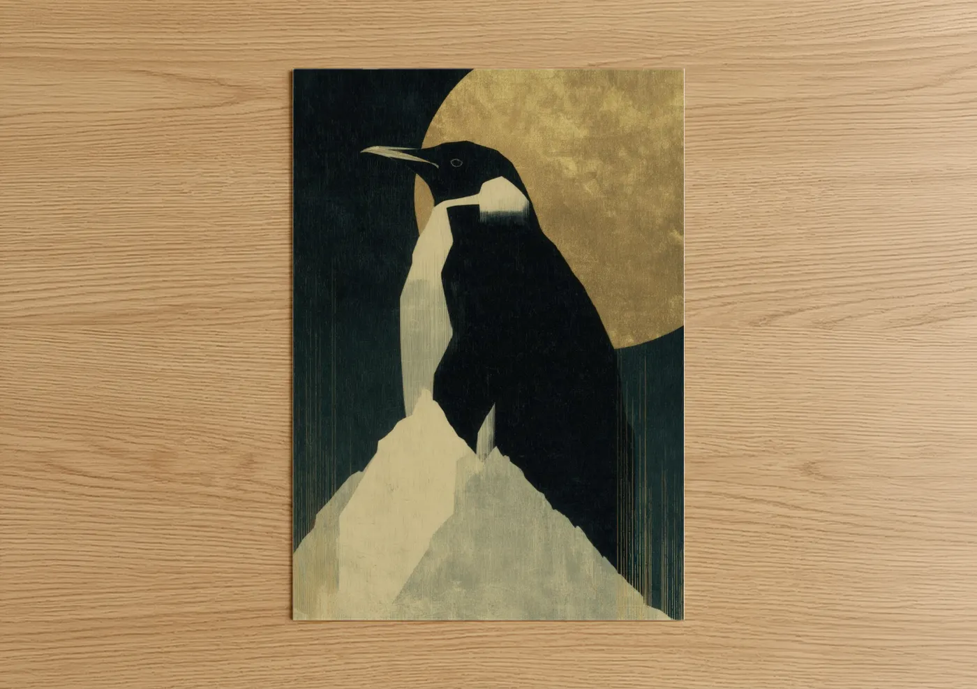 Art print on warm oak wood — black and white and gold palette — Moonlit Penguin poster