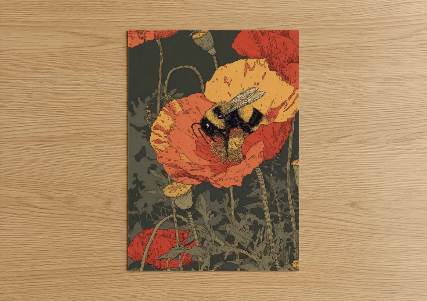 Bumblebee on Red Poppy Flowers Wall Art