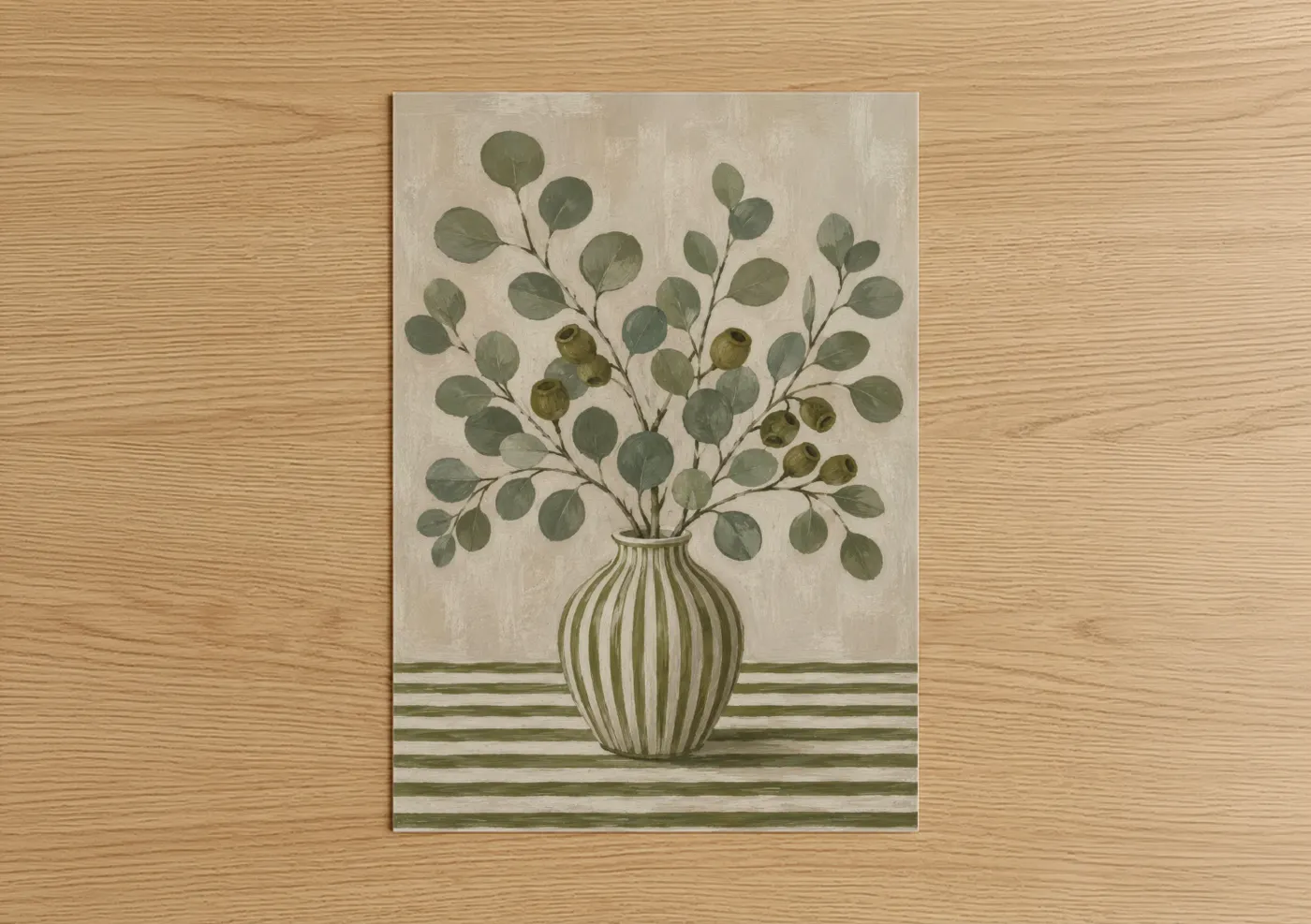 Leaf art print on warm oak wood — sage green and beige palette — Eucalyptus Vase Botanical Wall Art poster