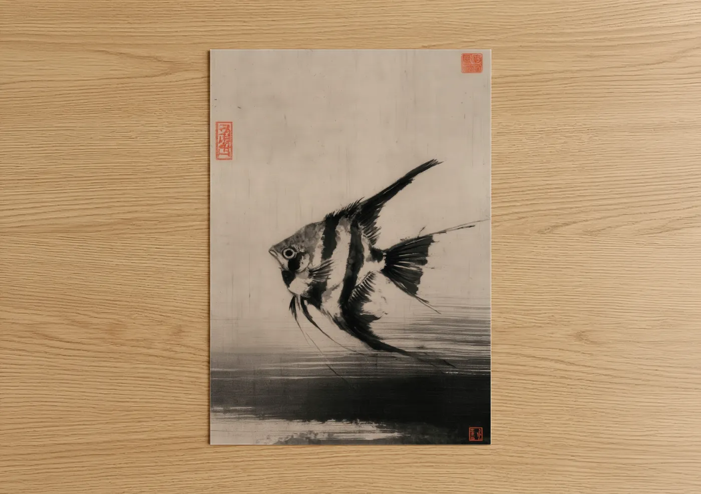 Art print on warm oak wood — black and white palette — Striped Angel Fish poster