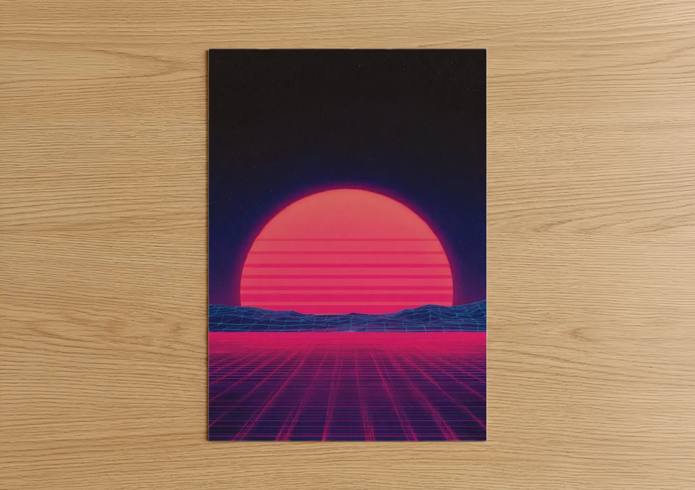 The sun art print on warm oak wood — magenta and black palette — Neon Sunset Horizon poster