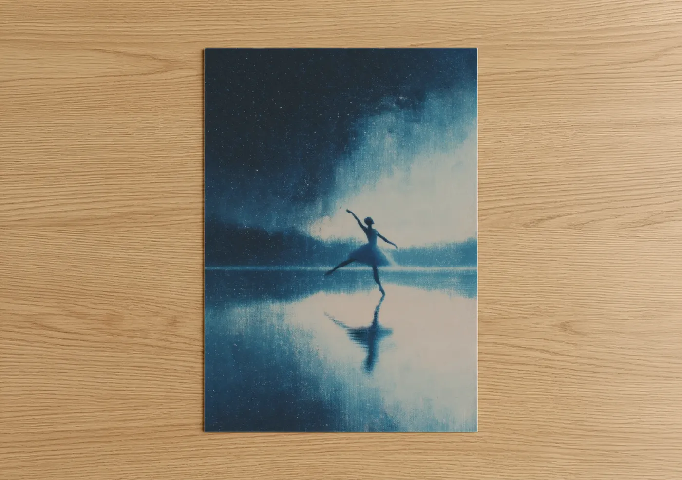 Art print on warm oak wood — dark blue and white palette — Starlit Ballet poster