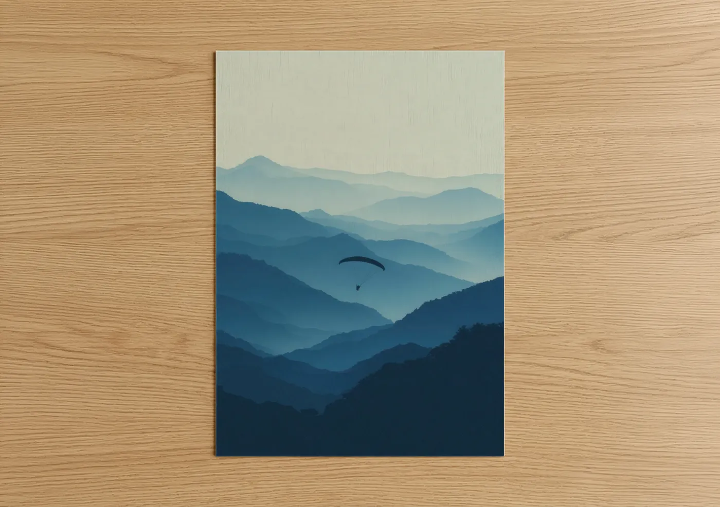 Art print on warm oak wood — blue and white palette — Alpine Paragliding poster