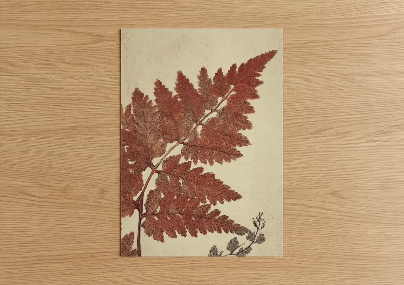 Leaf art print on warm oak wood — russet and cream palette — Rust Fern Botanicals poster