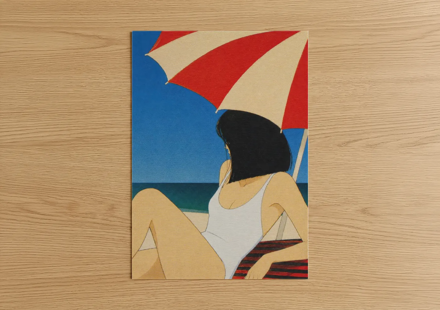 Sandy beach art print on warm oak wood — blue and red palette — Beach Umbrella Minimalist Summer Wall Art poster