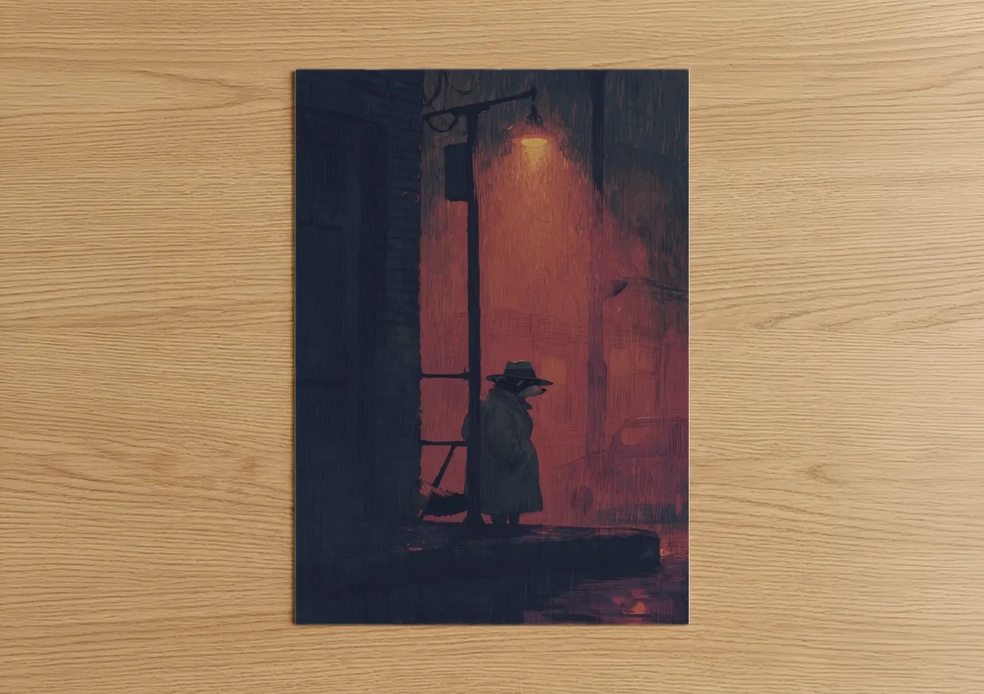 Art print on warm oak wood — maroon and black palette — Noir Raccoon poster
