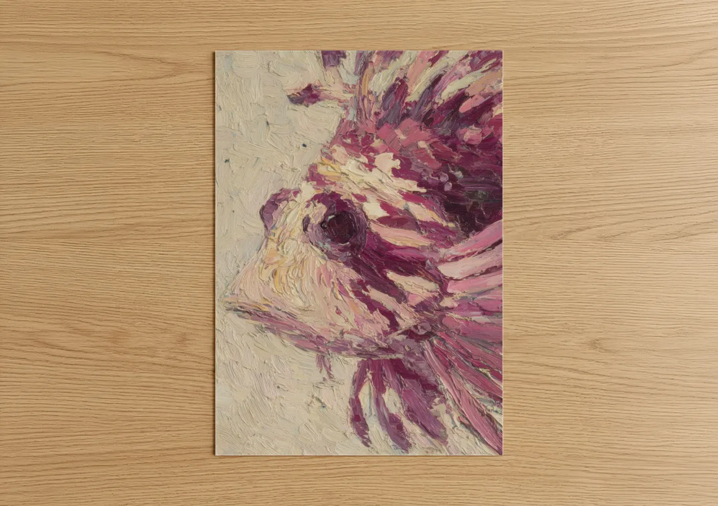 Art print on warm oak wood — maroon and cream palette — Crimson Lionfish poster