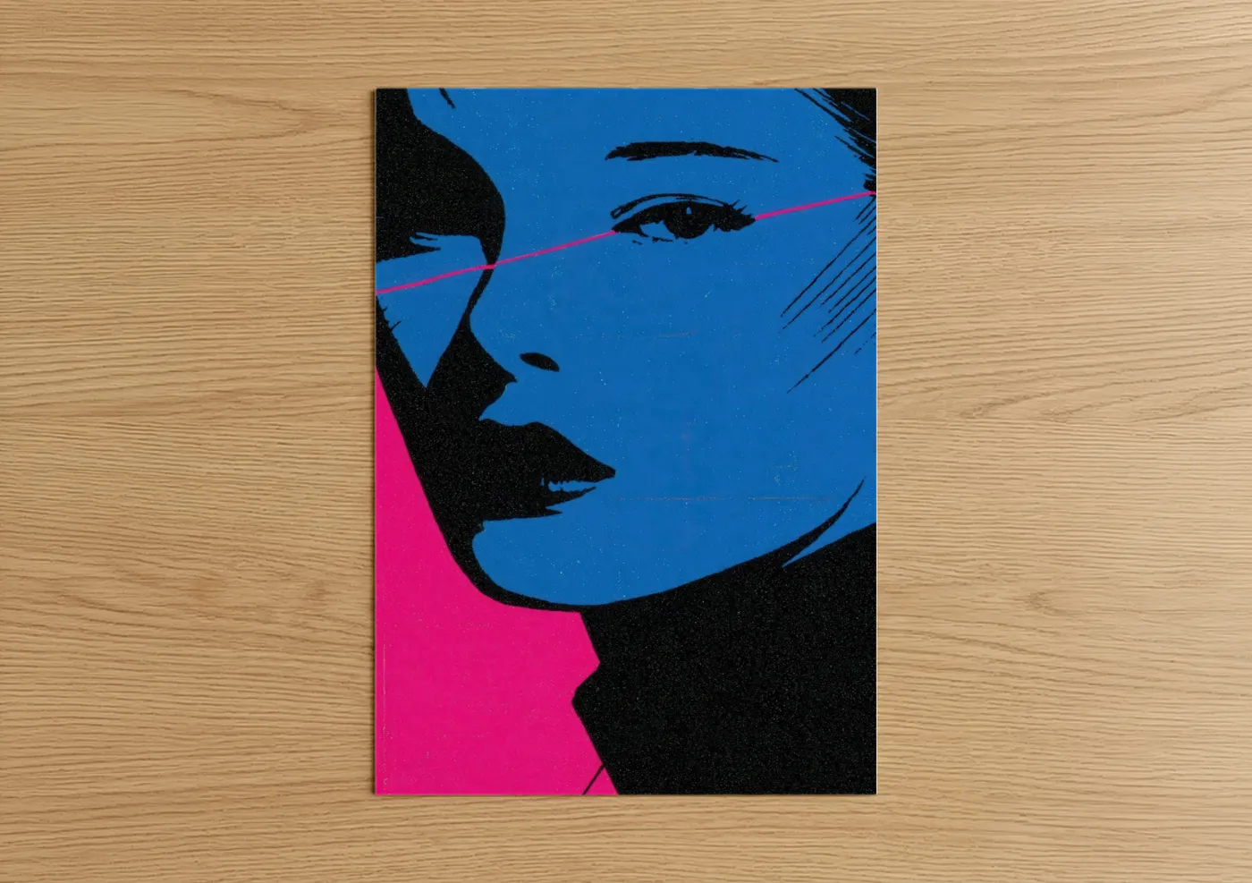 Make up art print on warm oak wood — blue and magenta palette — Neon Gaze poster