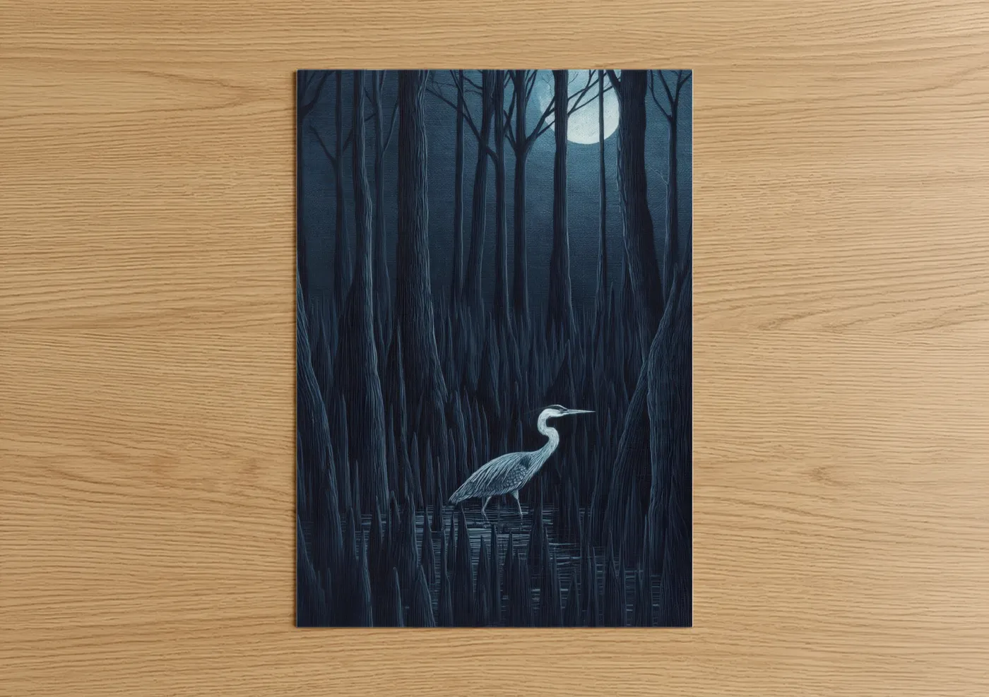 Art print on warm oak wood — dark blue and blue and white palette — Moonlit Heron poster