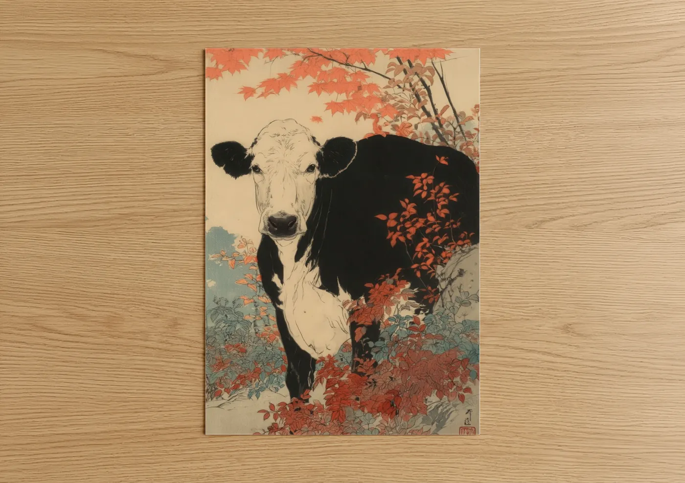 Hereford Cow Autumn Leaves Watercolor Wall Art