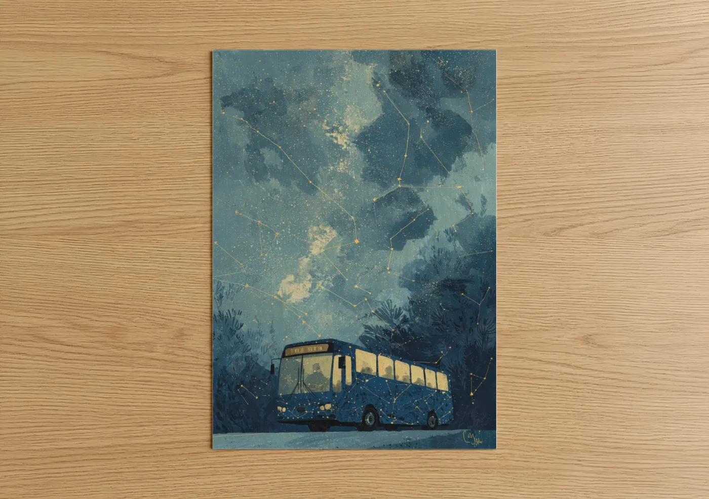 Art print on warm oak wood — blue and gold and teal palette — Starry Night Bus poster