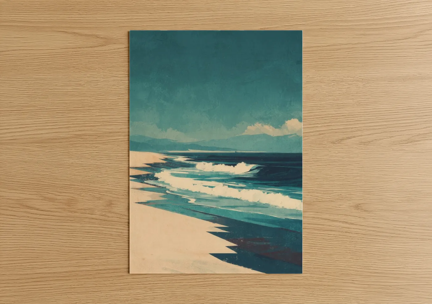 Sandy beach art print on warm oak wood — teal and cream palette — Coastal Serenity poster
