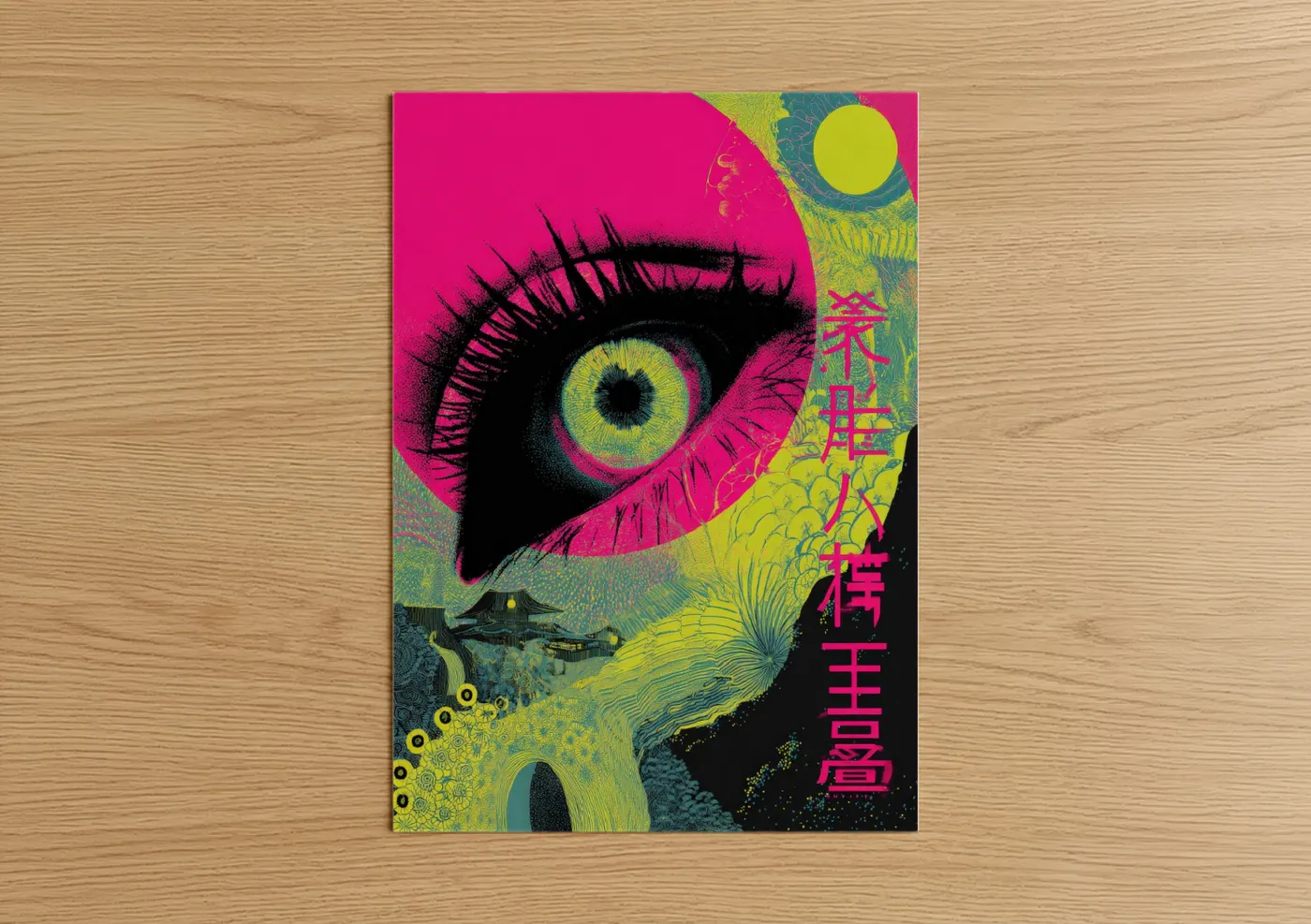 Japanese psychedelic art print on warm oak wood — magenta and yellow gold palette — Psychedelic Eye poster
