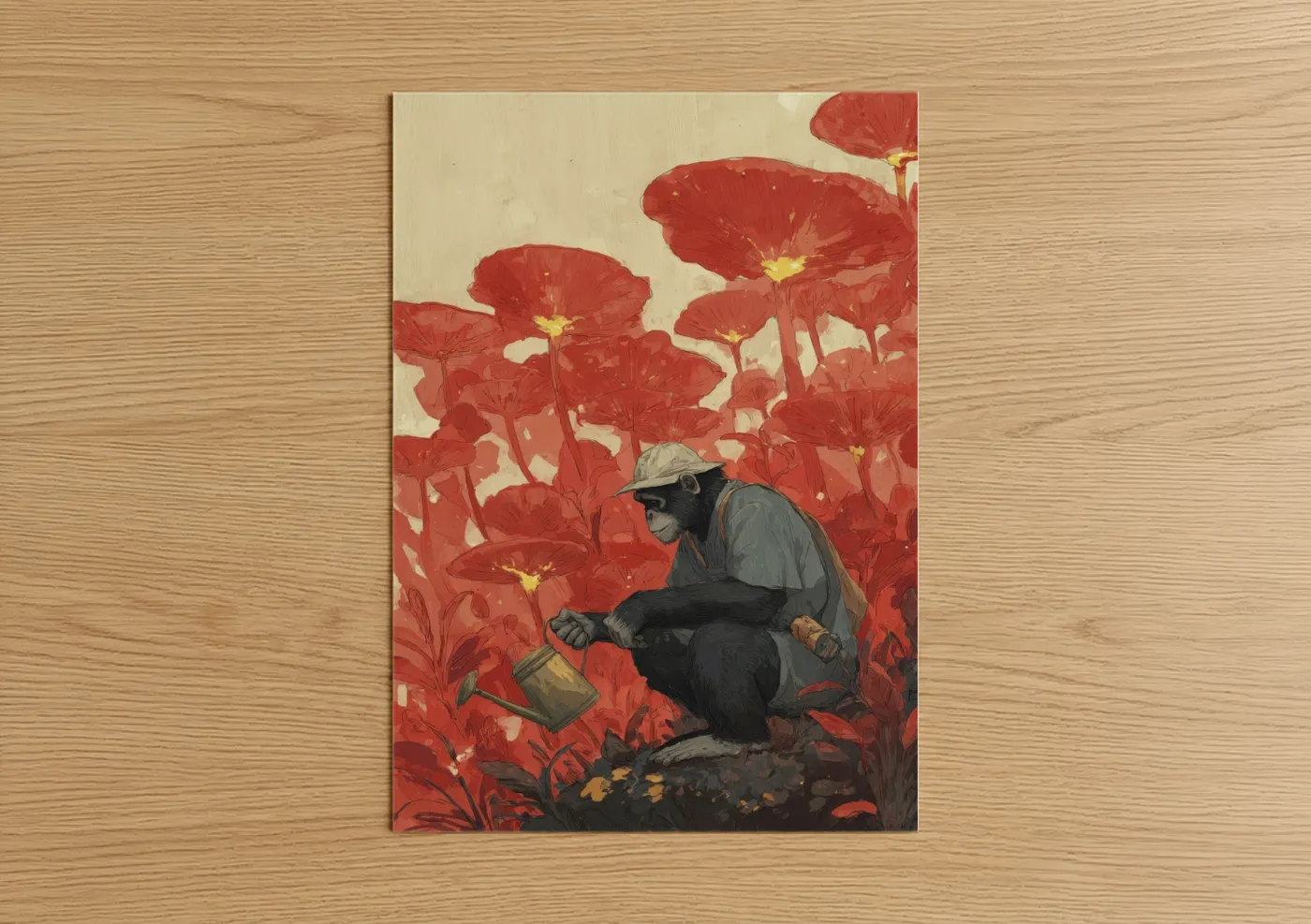 Chimpanzee in Red Flower Garden Wall Art
