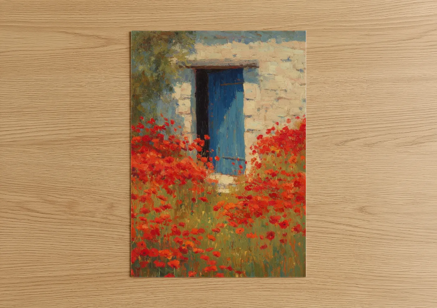 Red Poppy Flowers Blue Door Impressionist Wall Art