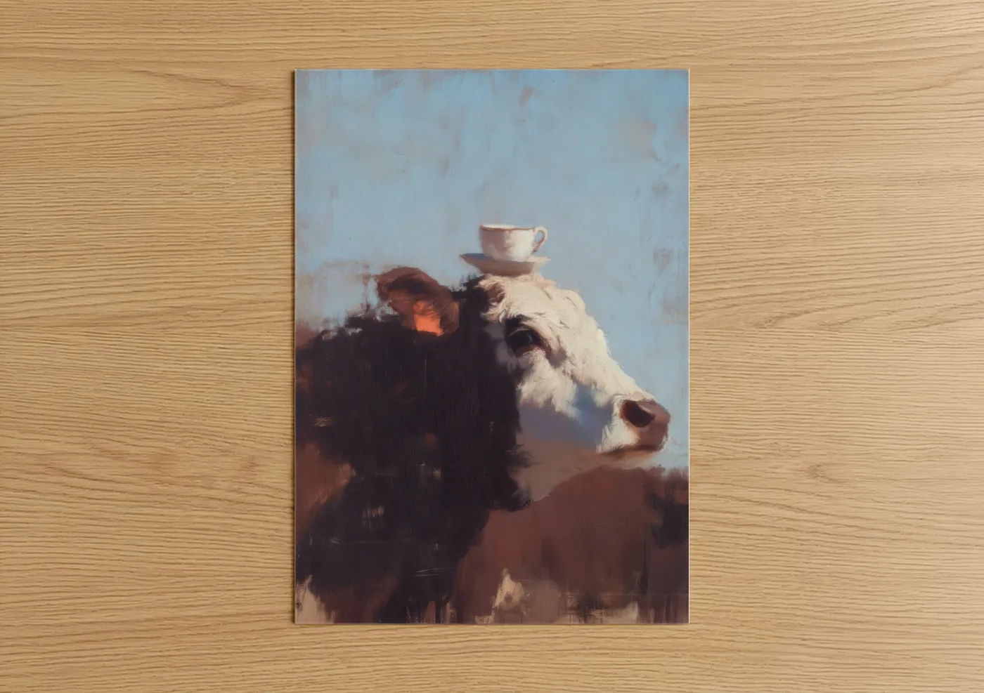 Angus cow art print on warm oak wood — blue and russet palette — Teacup Angus poster