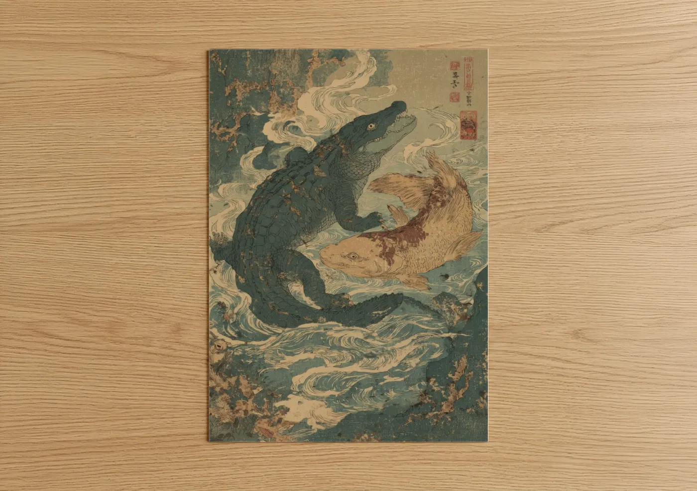 Mythical Alligator Dance Japanese Woodblock Wall Art