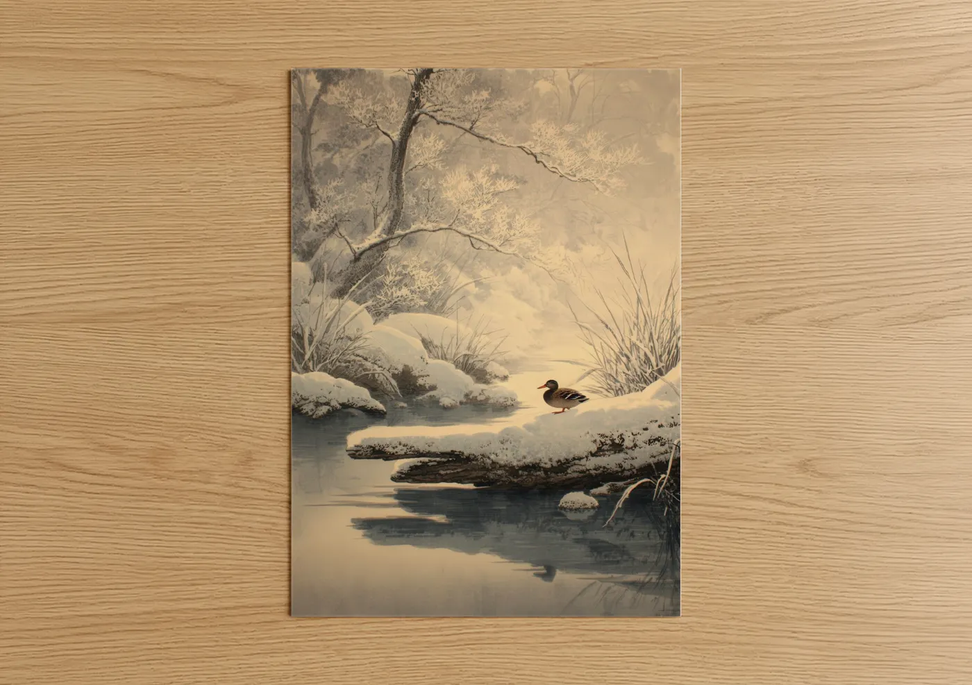 Duck Winter Stream Watercolor Wall Art