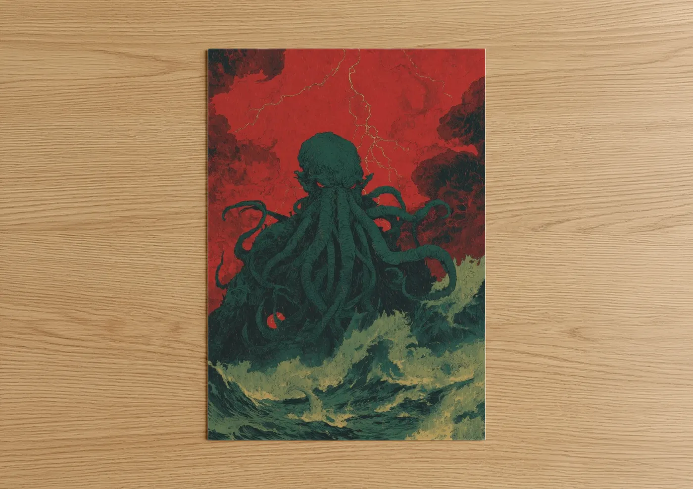 Art print on warm oak wood — red and dark green palette — Crimson Cthulhu poster