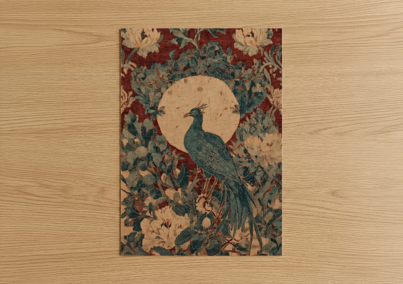 Art print on warm oak wood — maroon and teal palette — Moonlit Phoenix poster