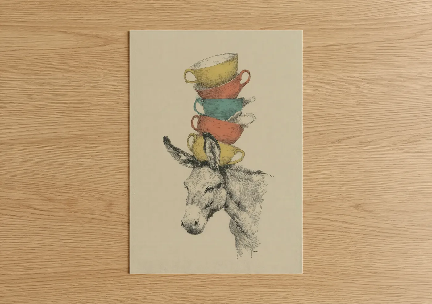 Whimsical Mule Stacked Teacups Wall Art