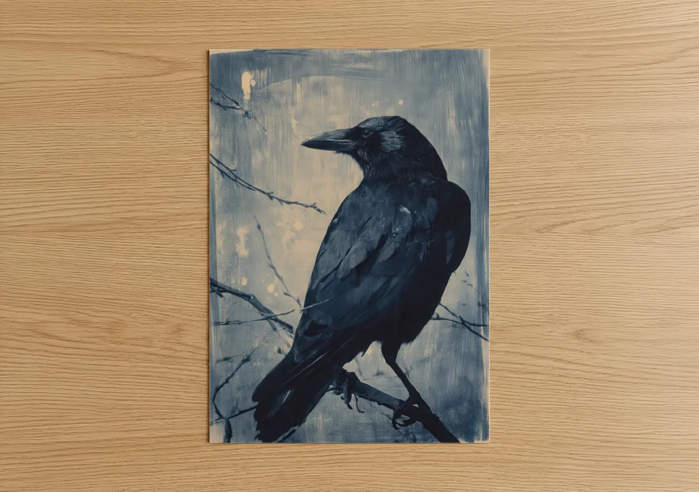 Dark Raven Perched on Branch Painting Wall Art