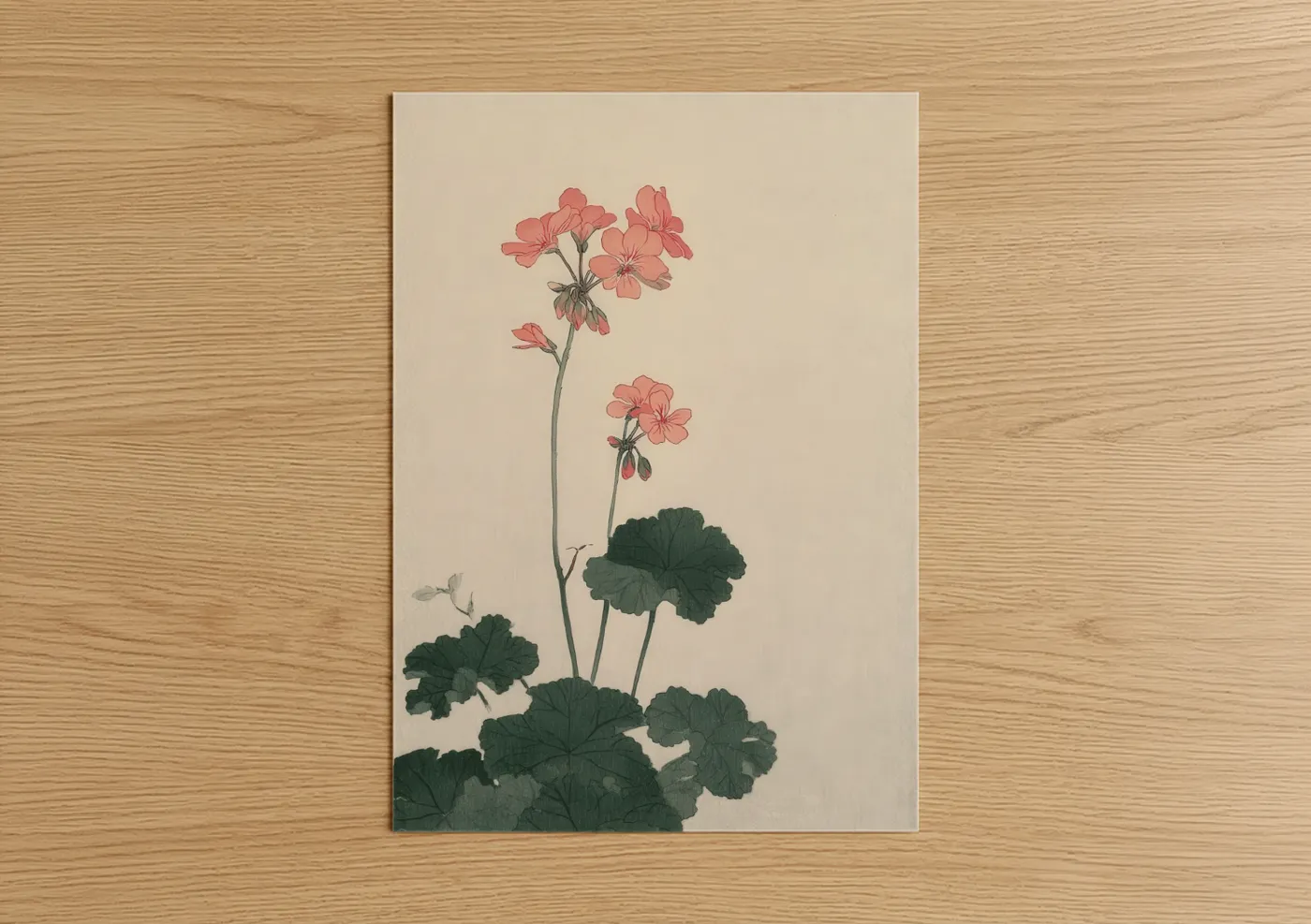 Art print on warm oak wood — salmon pink and dark green palette — Coral Geranium poster