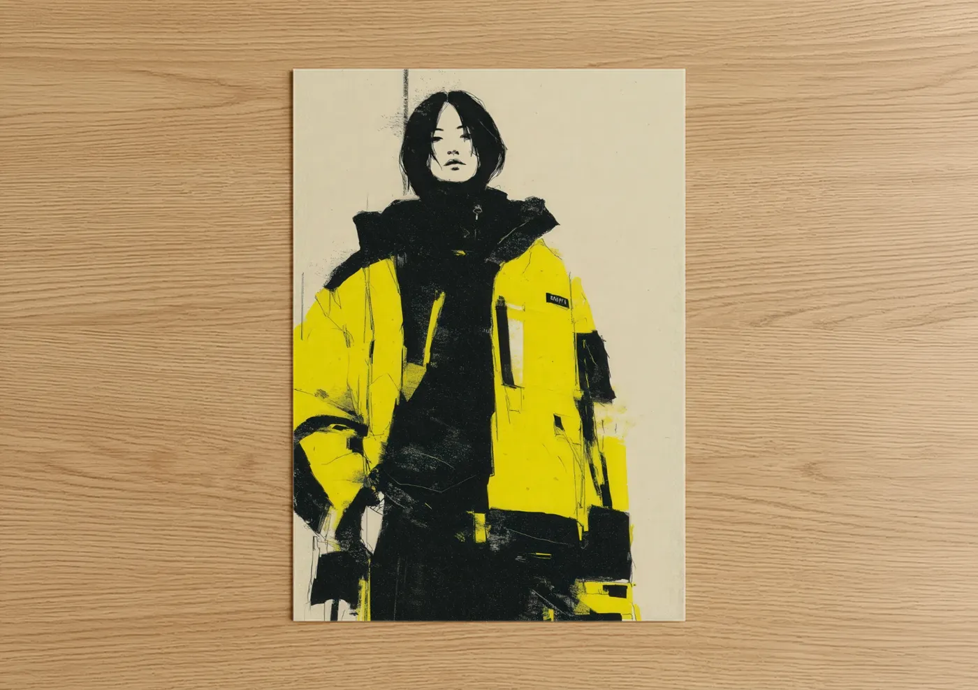 Fashion illustration art print on warm oak wood — yellow and black and white palette — Yellow Street Jacket poster
