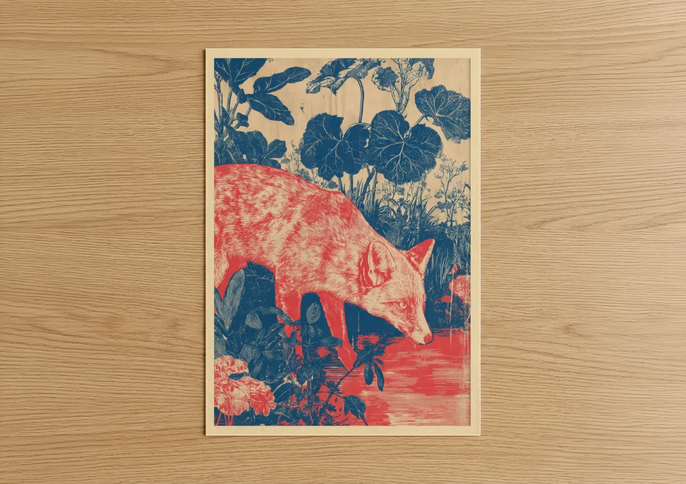 Red Fox Garden Botanical Woodblock Wall Art
