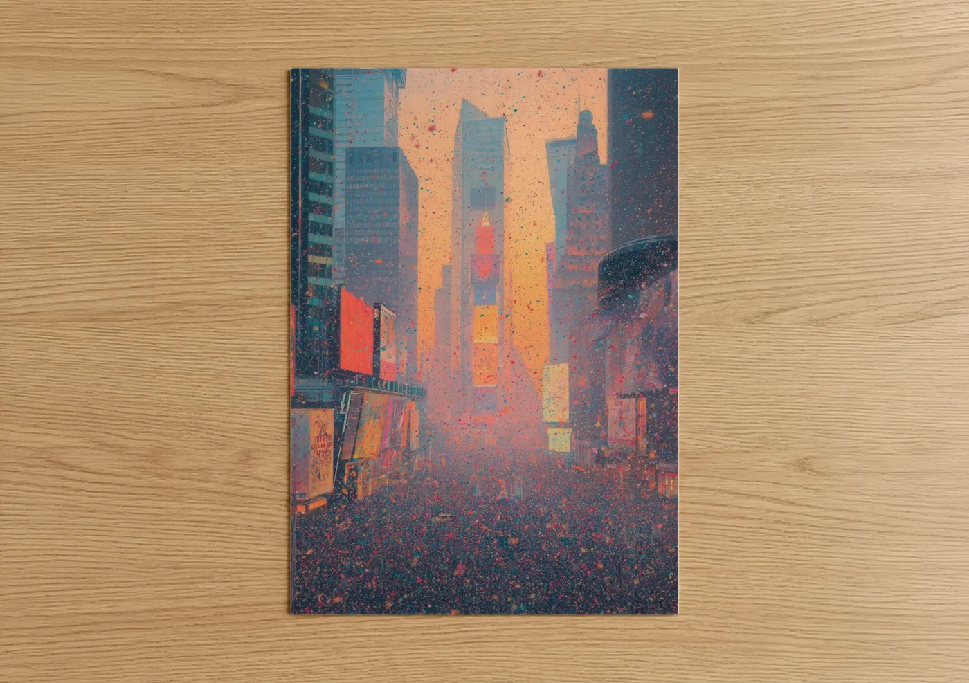 New years eve art print on warm oak wood — gold and dark blue palette — Neon Times Square poster