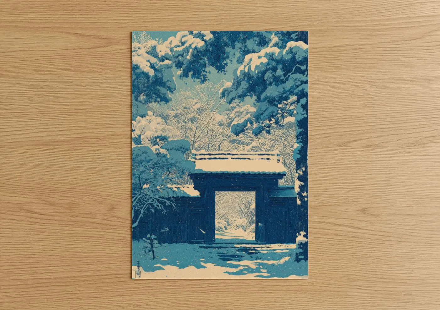 Snowy Garden Gate Japanese Winter Wall Art