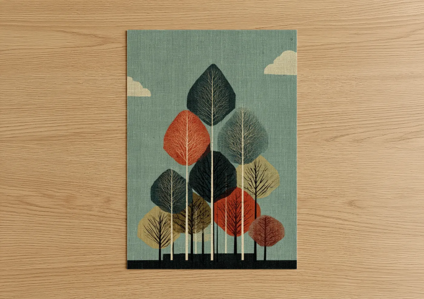 Birch tree art print on warm oak wood — sage green and red palette — Autumn Birch Forest poster