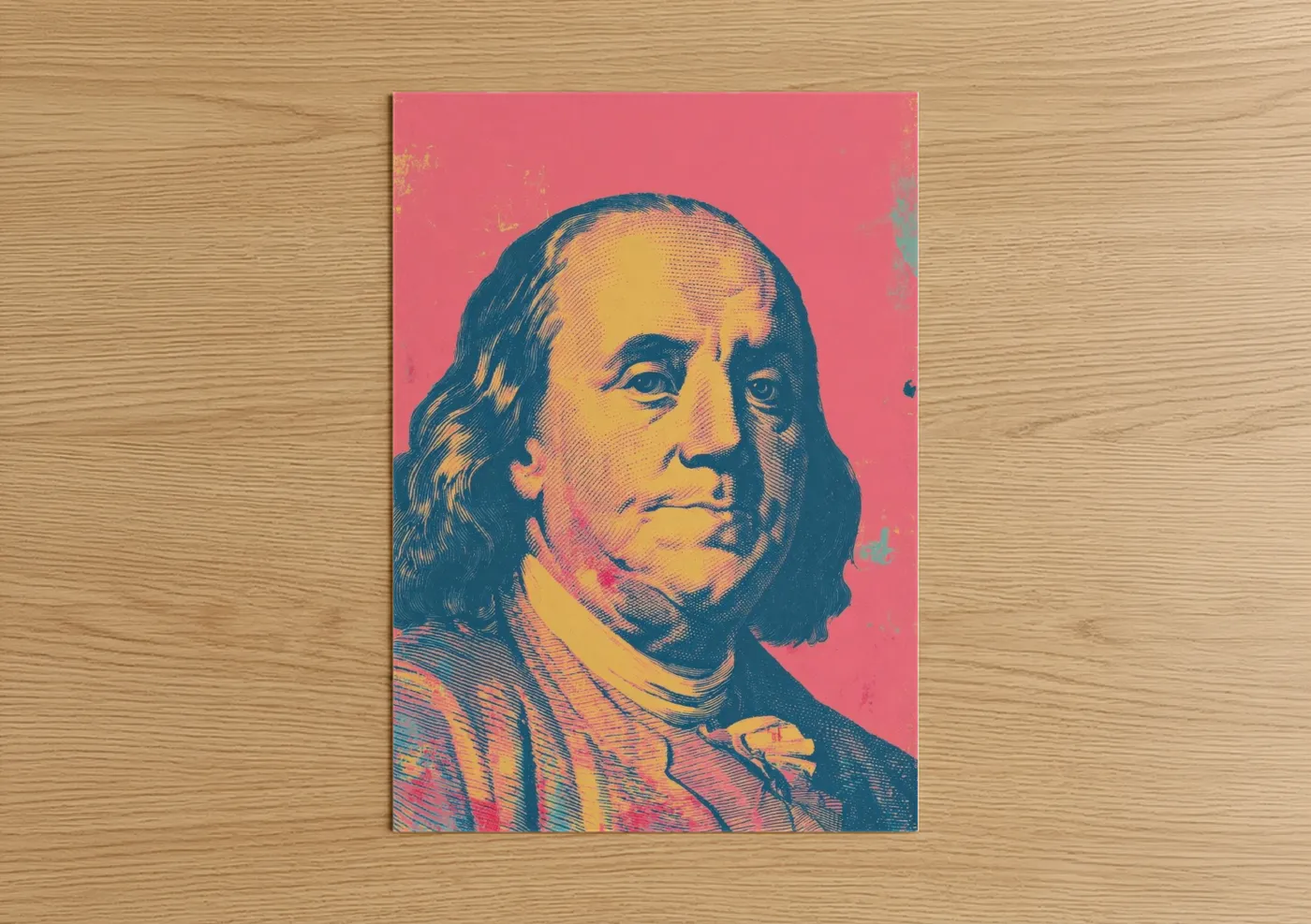 Money art print on warm oak wood — blue and gold palette — Pop Art Benjamin poster