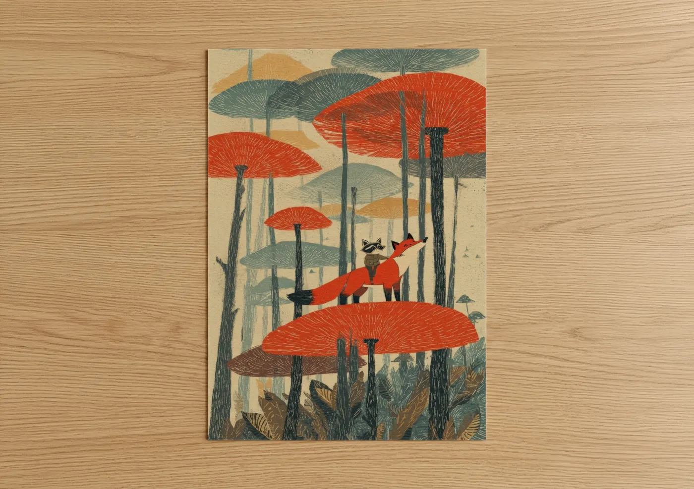 Red Umbrella Raccoon Woodland Wall Art