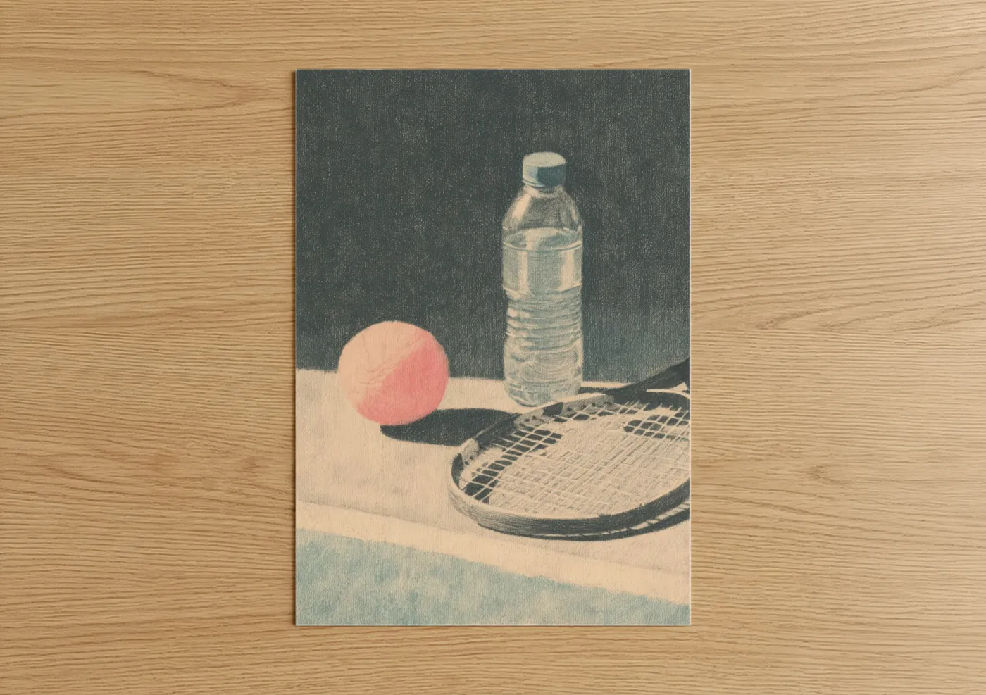 Art print on warm oak wood — gray and peach palette — Racquetball Fitness poster