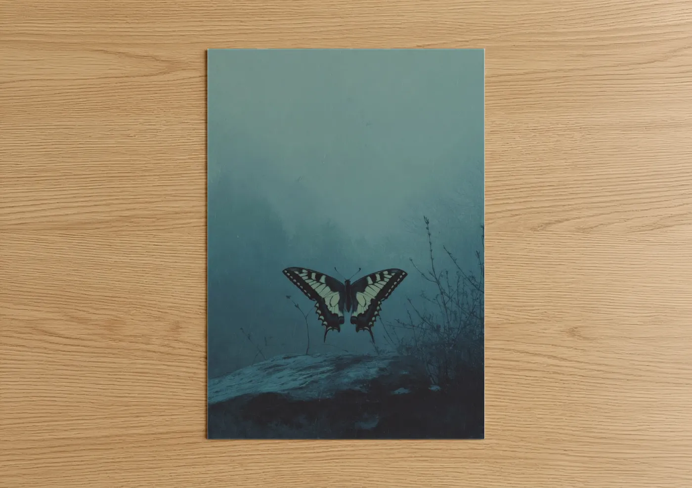Art print on warm oak wood — teal and dark blue palette — Misty Butterfly poster