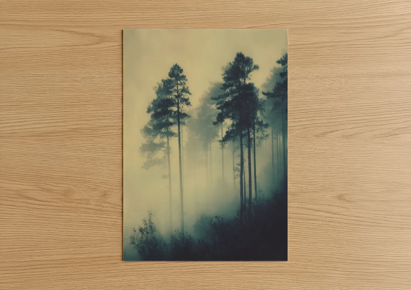 Art print on warm oak wood — cream and dove gray palette — Misty Pine Forest poster