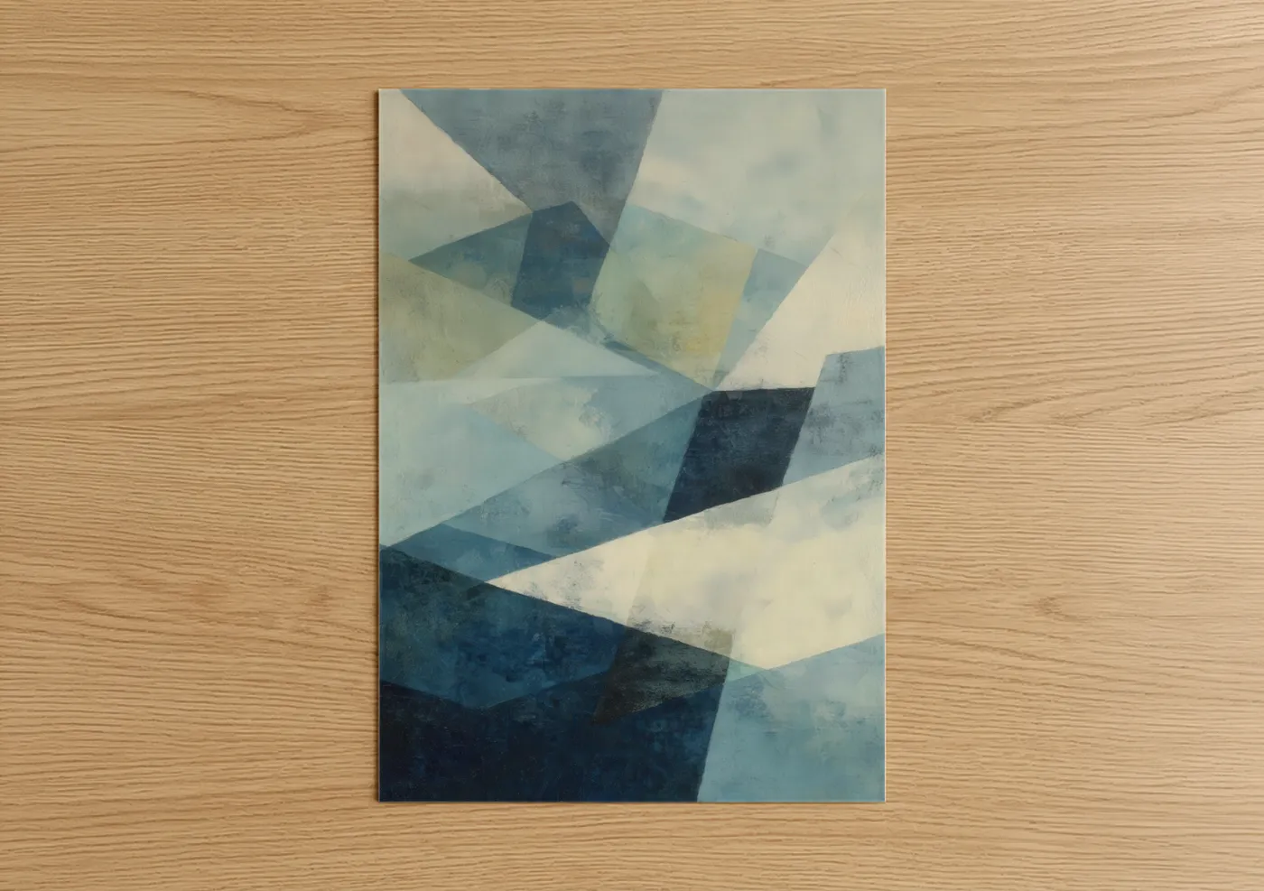 Art print on warm oak wood — blue and blue and white palette — Glacier Geometry poster