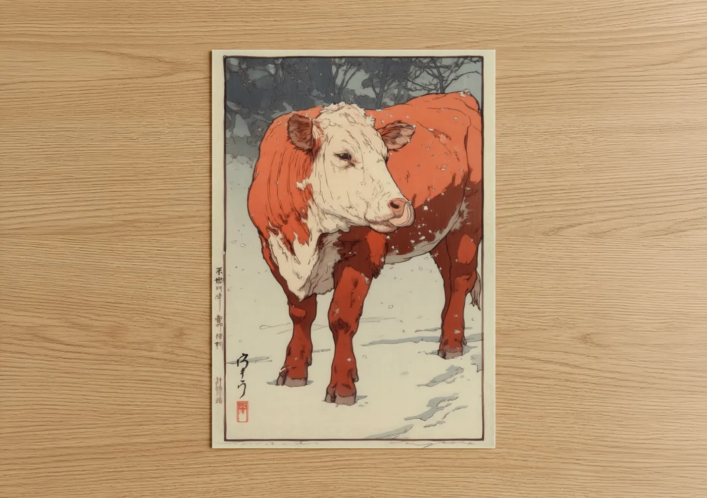 Hereford Cow Winter Snow Illustration Wall Art